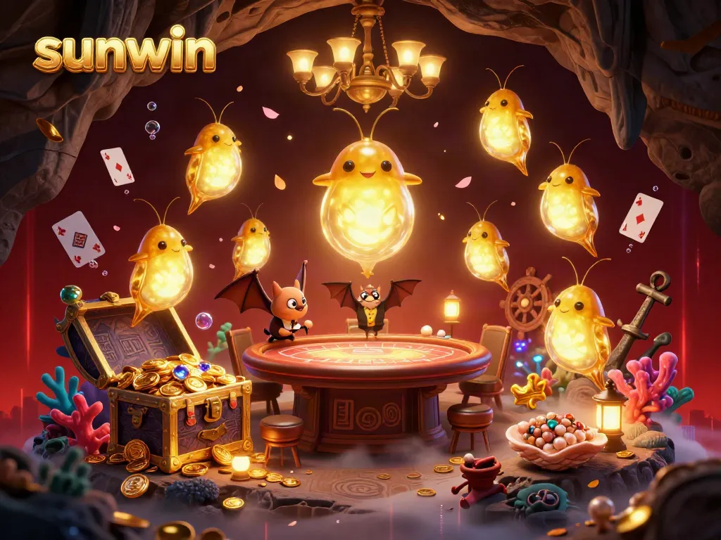 Experience sunwin's vibrant cave casino filled with glowworms, treasures, and dynamic gaming elements.