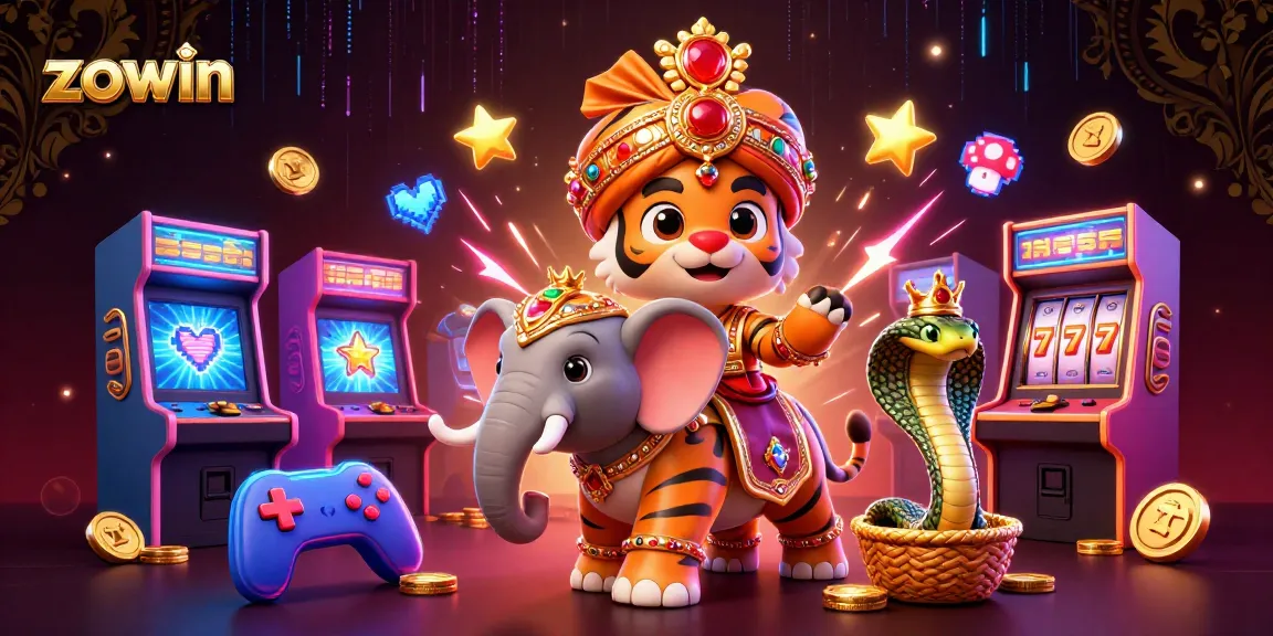 Zowin brings thrilling casino gameplay to life with a cartoon maharaja and his elephant amidst slot machines.