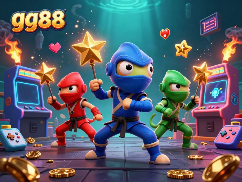 Witness the gg88 energetic ninja team in action at a vibrant casino-inspired arcade.