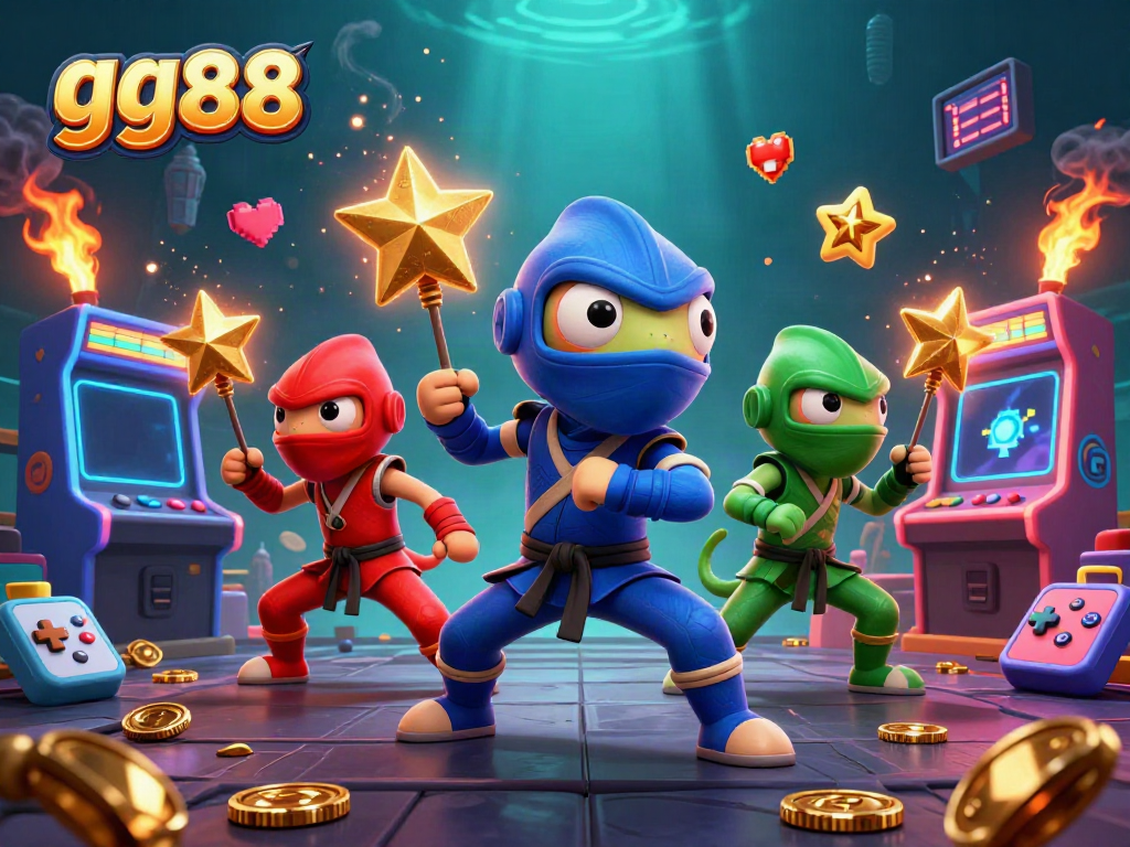 Witness the gg88 energetic ninja team in action at a vibrant casino-inspired arcade.