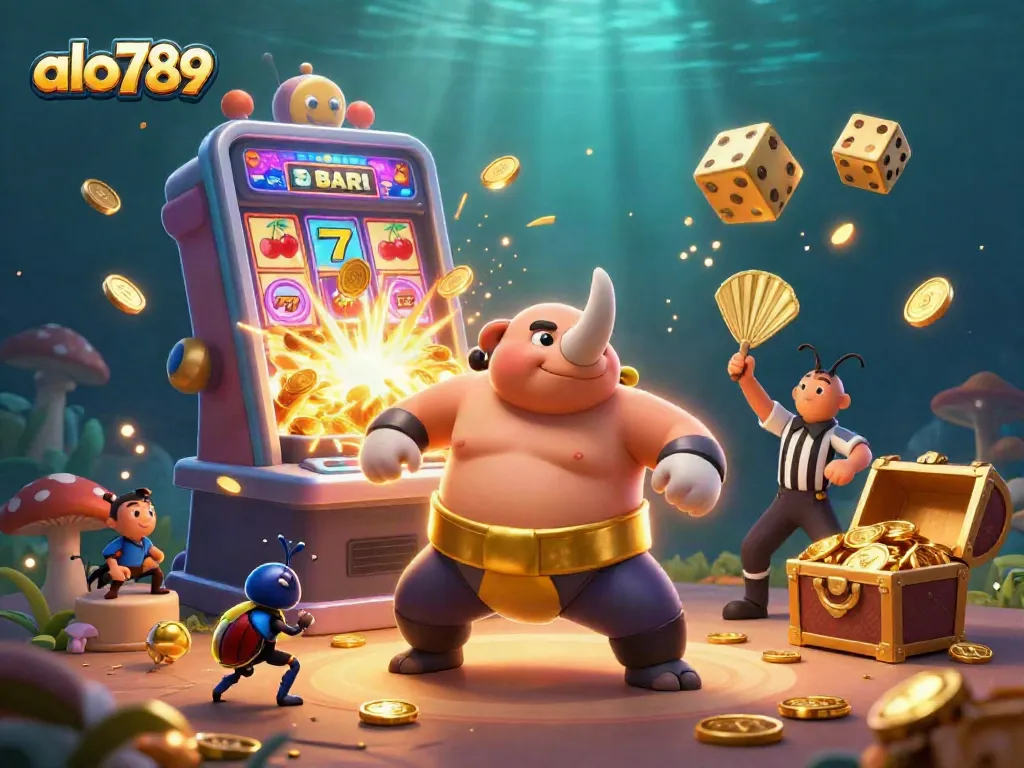 Alo789 offers a vibrant casino experience with a summoning beetle champion and flying symbols in a dynamic scene.