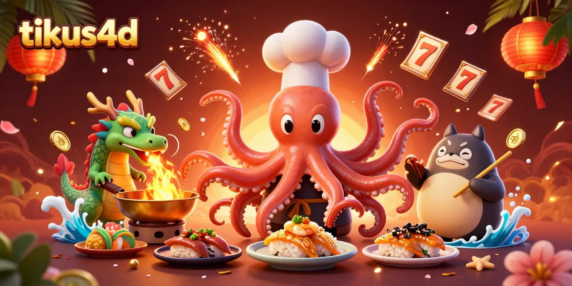 Join the excitement with tikus4d as the octopus chef prepares golden dishes surrounded by vibrant slot game elements.
