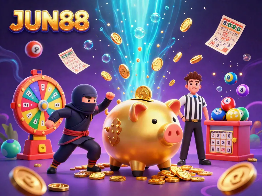 Join the fun at JUN88 with an exciting illustration of a sumo piggy bank and ninja battling over rich casino elements!