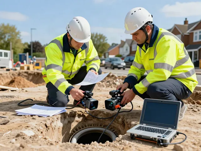 Drainage survey team conducting a CCTV Drainage Survey London, showcasing advanced technology and teamwork.