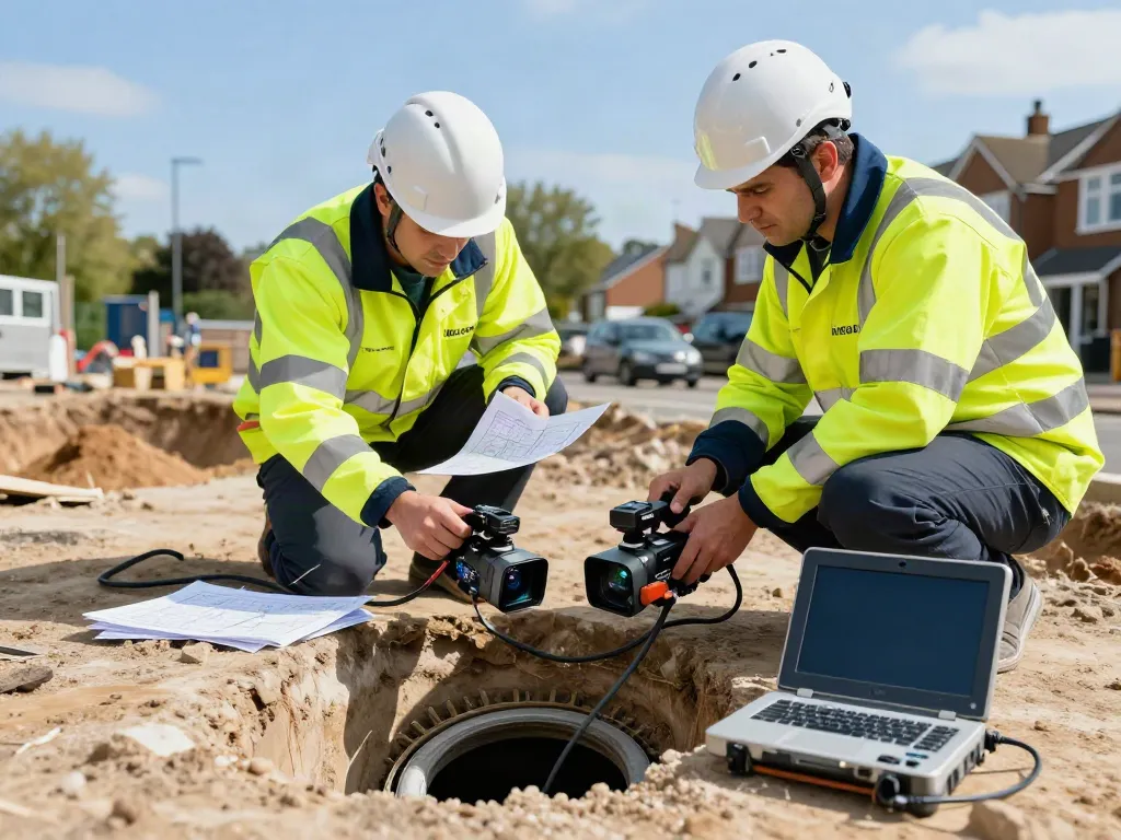 Drainage survey team conducting a CCTV Drainage Survey London, showcasing advanced technology and teamwork.