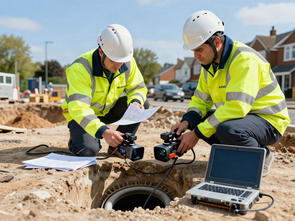 Drainage survey team conducting a CCTV Drainage Survey London, showcasing advanced technology and teamwork.