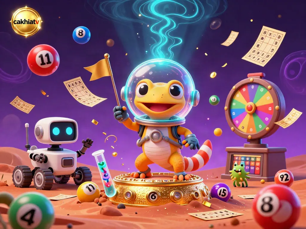 Cakhiatv brings excitement to life with a Martian gecko and golden casino scene in a vibrant space setting.