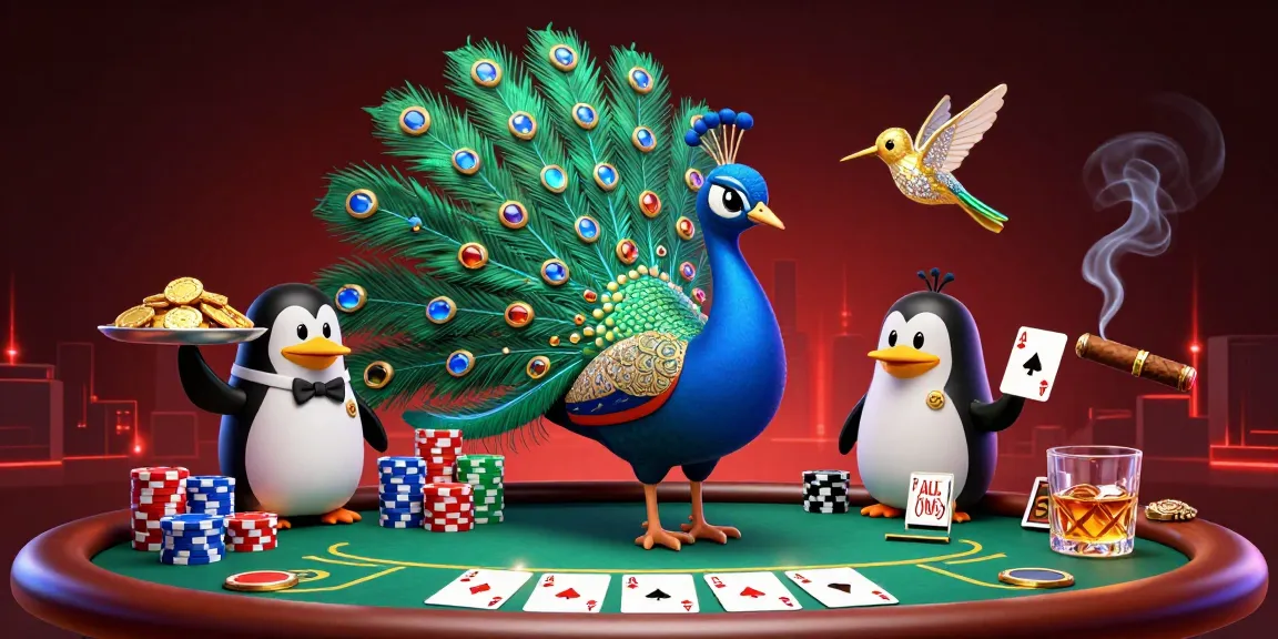 LUONGSONTV showcases a lively poker scene featuring a peacock, a butler penguin, and a golden hummingbird.