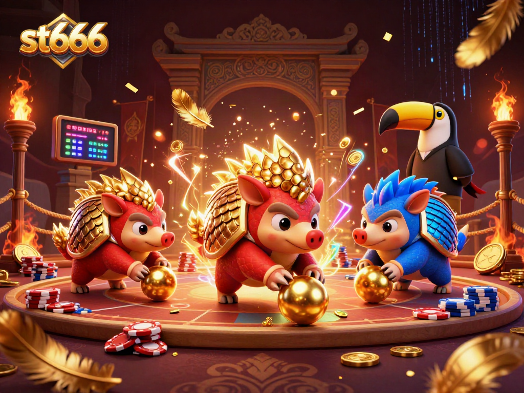 St666 pangolins compete dynamically amidst poker chips in an animated casino landscape.