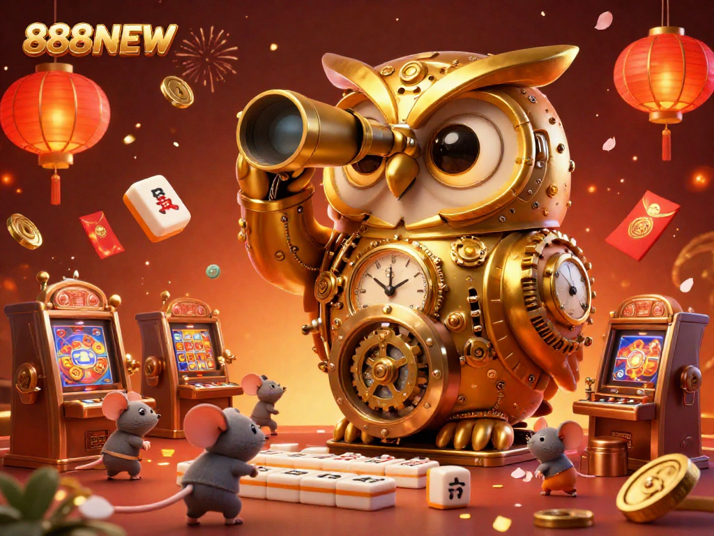 Experience the excitement of 888NEW with a vibrant 3D casino illustration, featuring animated owls and lively game elements.