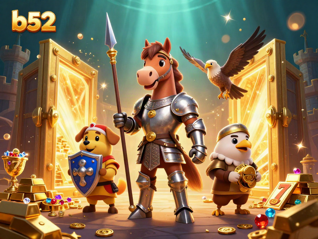 Spin jackpots with b52's treasure-themed medieval knight and friends in vibrant 3D art.