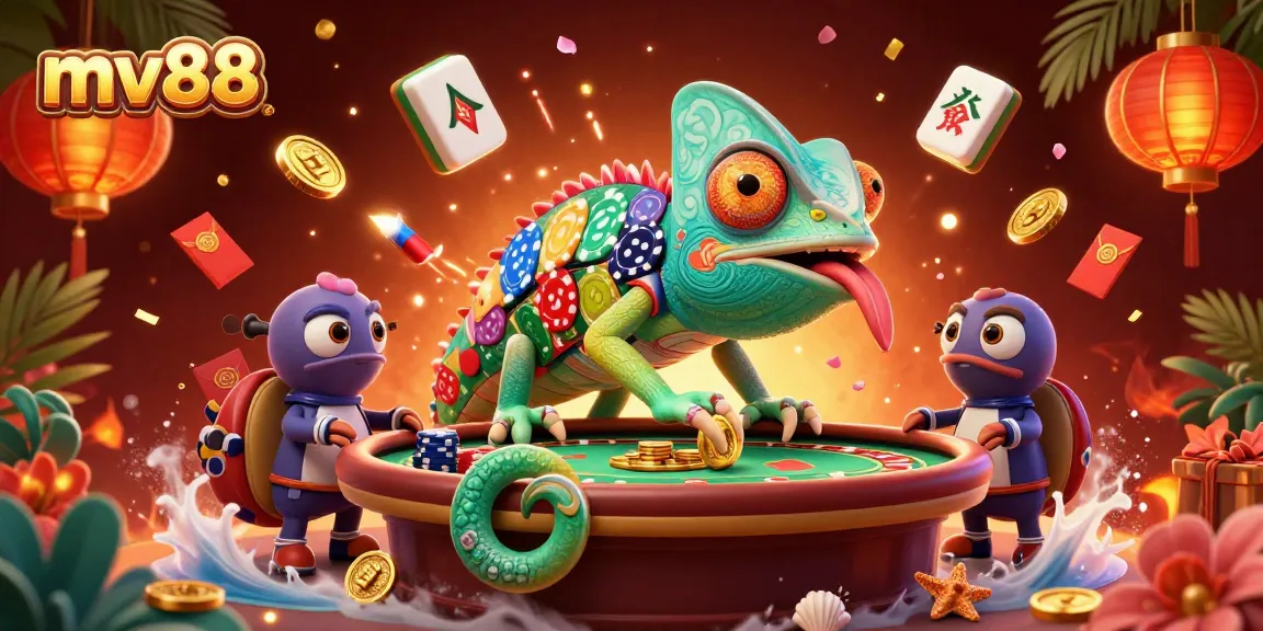 Experience thrilling mv88 casino adventures with a vibrant chameleon character and lively game elements.