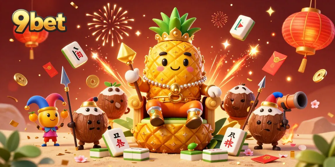 Experience the vibrant action of 9bet with a lively casino scene featuring a golden pineapple king, vibrant game elements, and fireworks.