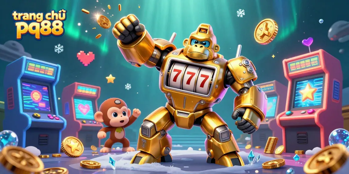 Experience exciting gameplay at trang chủ pq88 with a vibrant 3D scene showcasing a golden gorilla mech and casino elements.