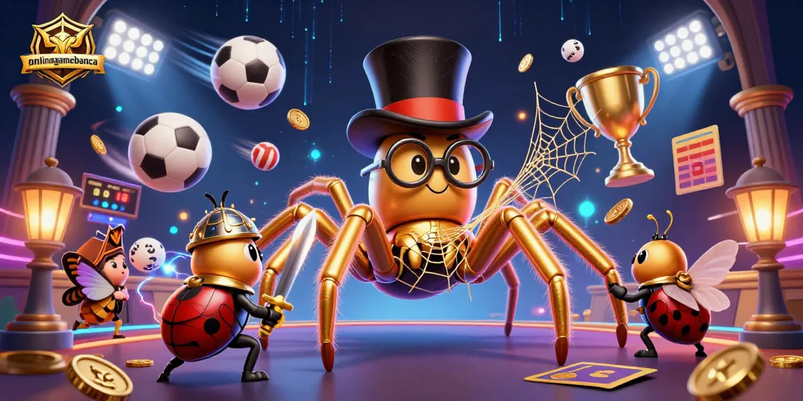 Experience onlinegamebanca's vibrant casino scene with an adventurous beetle knight facing a golden tarantula!
