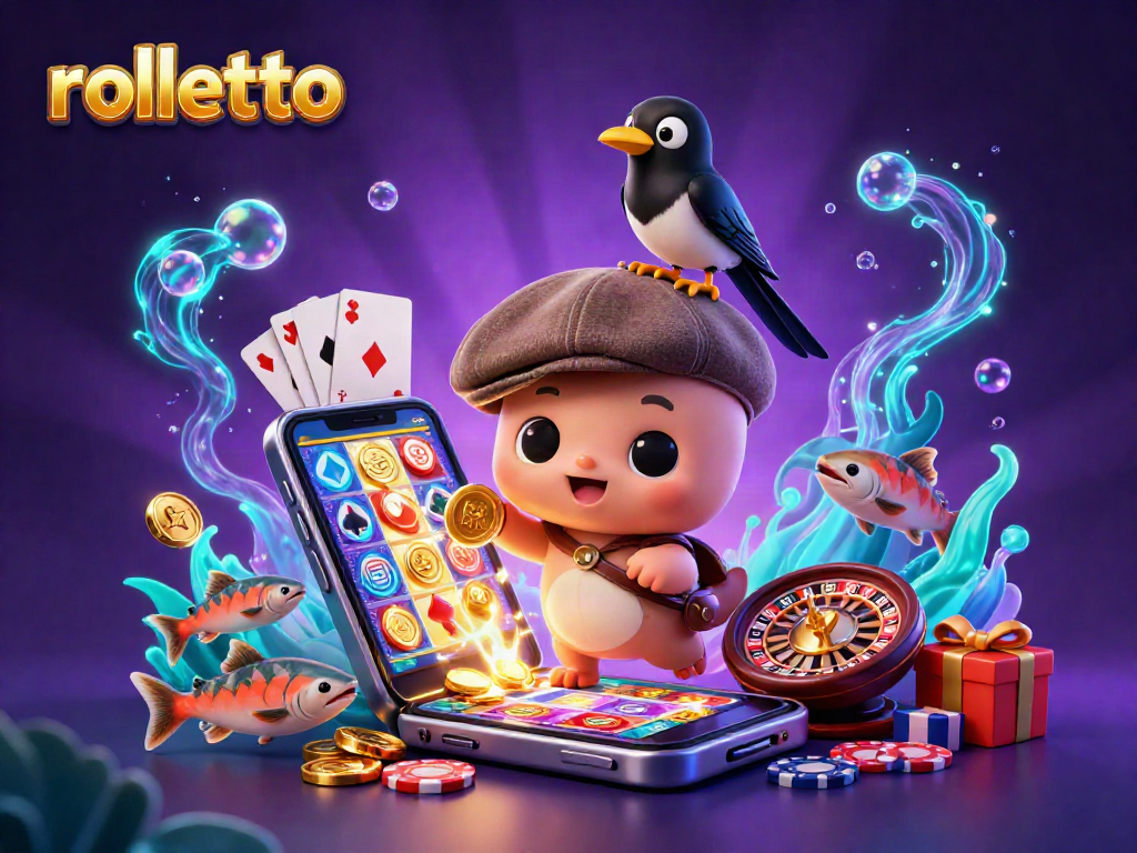 Spin the reels at rolletto with baby Nessie, a magpie, and vibrant casino elements.
