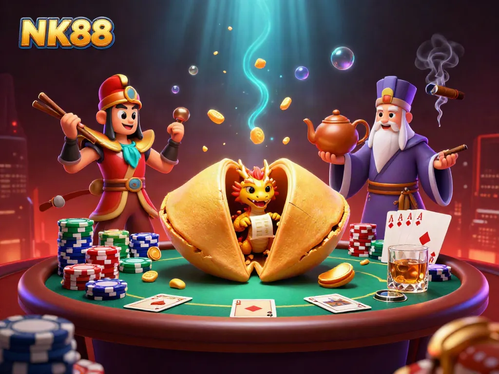 Engage in thrilling gameplay with the dynamic illustration of NK88, featuring poker elements and vibrant characters.