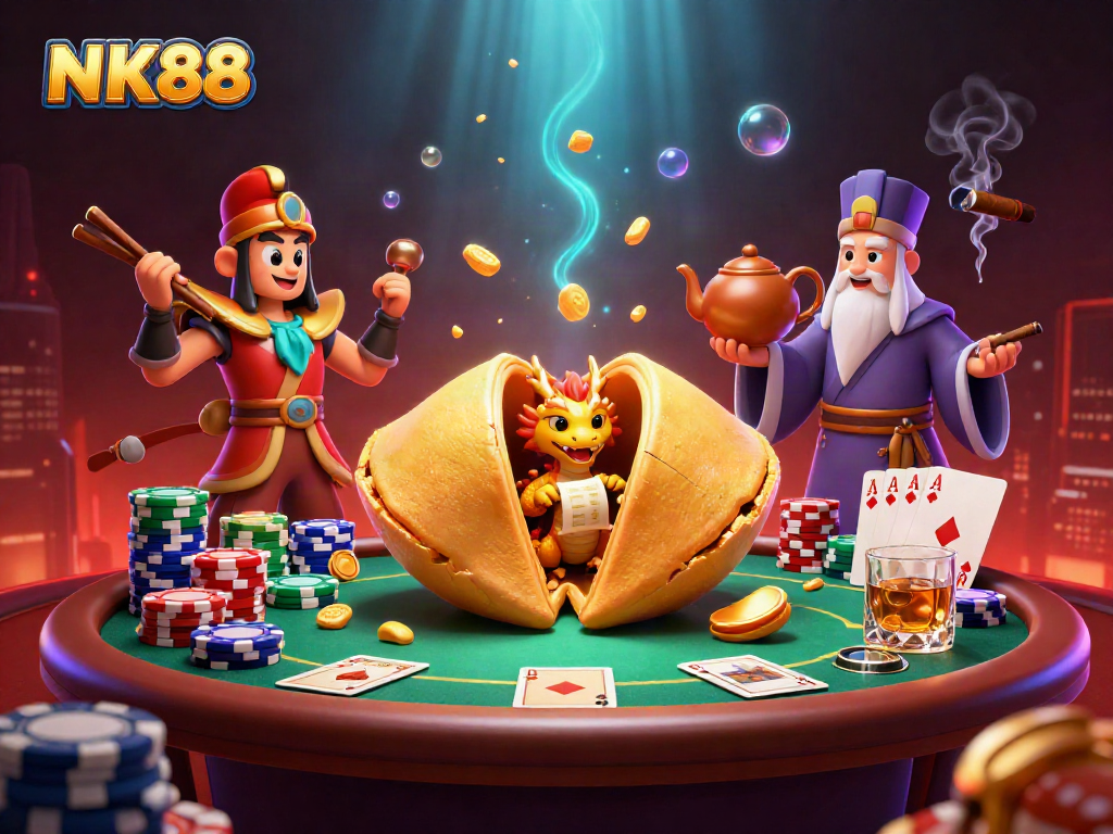 Engage in thrilling gameplay with the dynamic illustration of NK88, featuring poker elements and vibrant characters.