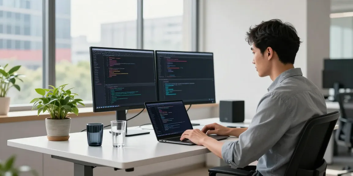 快连: Developer at a tech workspace coding with dual monitors in a bright office environment.