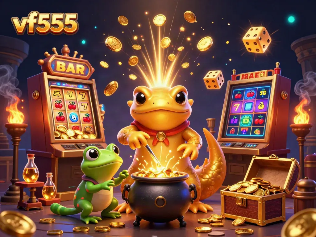 Experience the excitement of vf555 slot games with golden elements, vibrant symbols, and magical lighting.