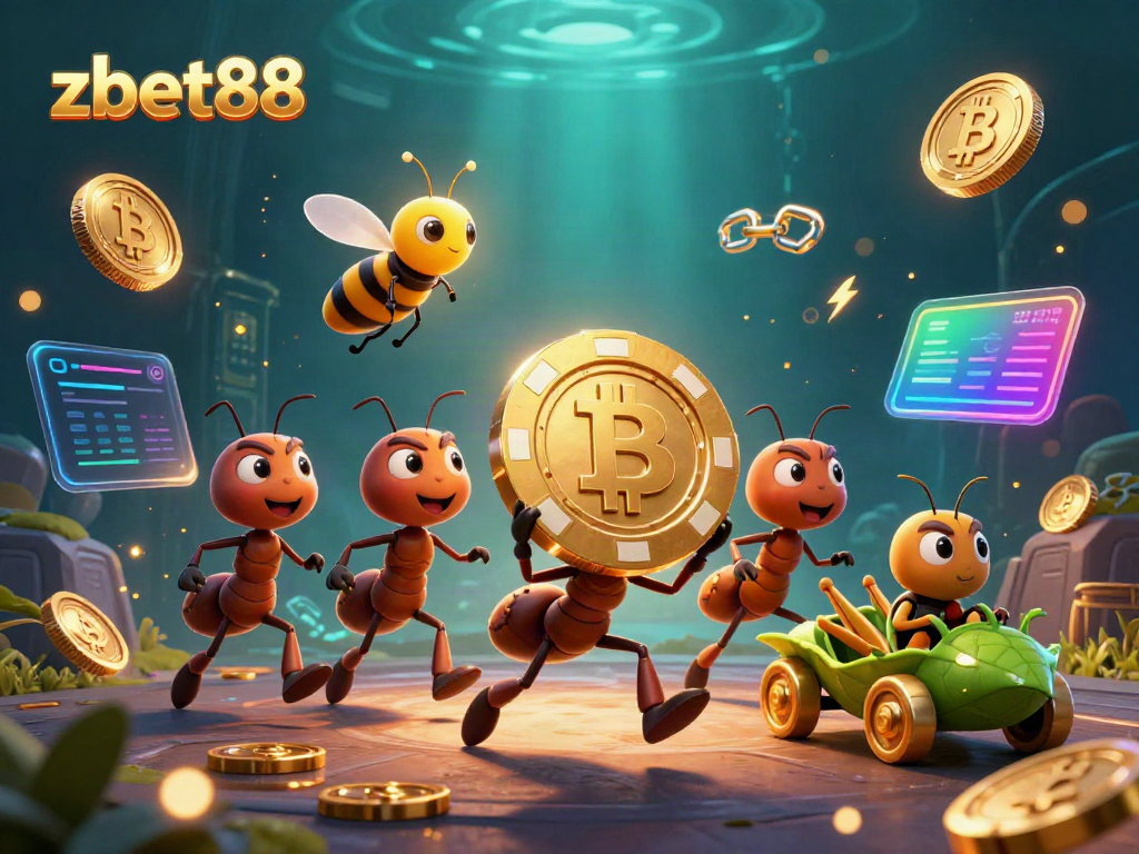 Engage with zbet88's fun-filled heist showcasing ants carrying a giant poker chip amidst glowing crypto coins.