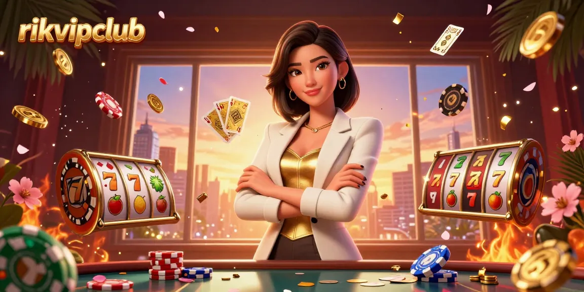 Experience thrilling gameplay at rikvipclub with a glamorous Asian dealer holding golden cards amidst vivid casino elements.