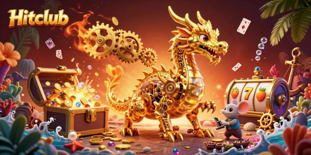 Experience the magical Hitclub dragon breathing golden gears in this vibrant casino illustration.