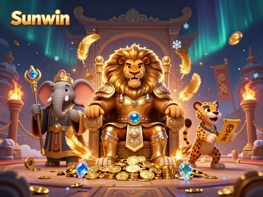 Sunwin characters engaging in a vibrant casino scene filled with dynamic gaming elements.