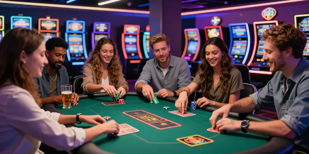 Friends enjoying games at a non Gamstop casino UK with vibrant atmosphere.