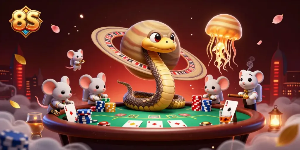 8S themed cosmic casino illustration with a Saturn ring snake, astronaut mice, and poker elements
