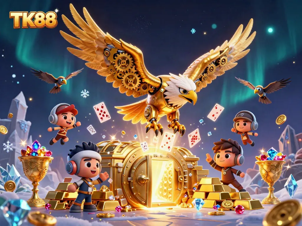 Experience thrilling gameplay with TK88 as a golden eagle dives through vibrant holographic cards