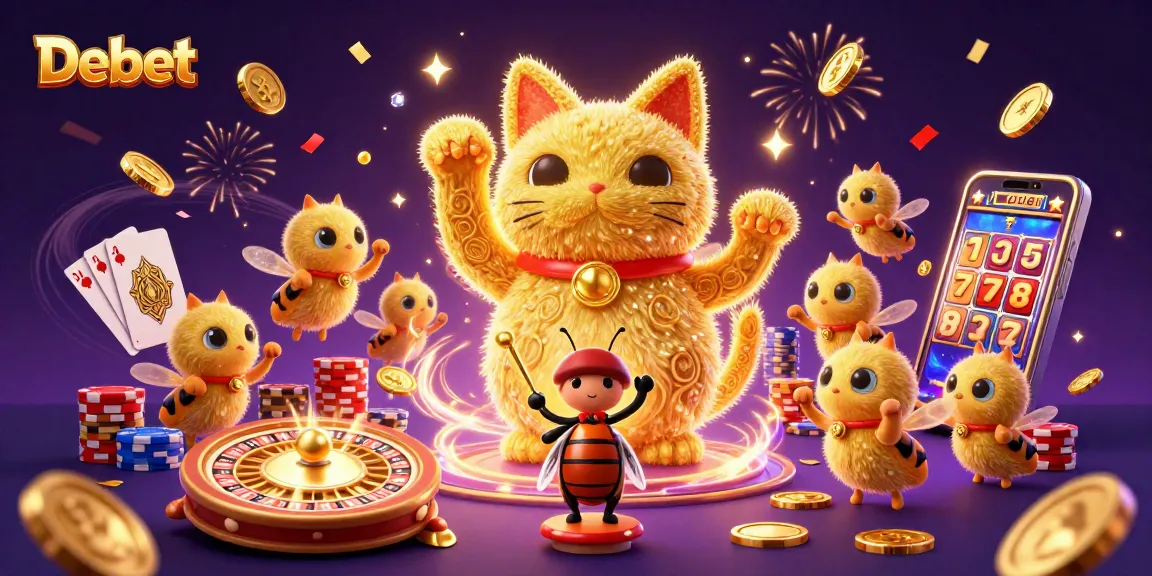 Engaging Debet illustration featuring a lucky cat and casino elements in a lively, dynamic casino scene.