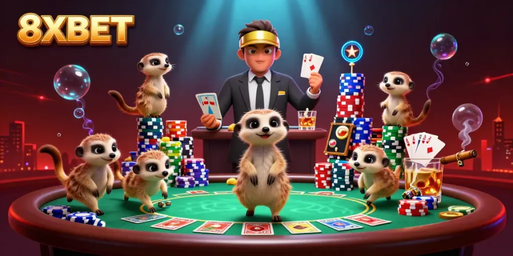 Meerkats operating a vibrant casino scene representing 8XBET, showcasing poker elements and dynamic atmosphere.