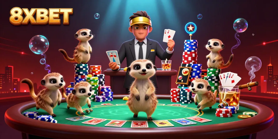 Meerkats operating a vibrant casino scene representing 8XBET, showcasing poker elements and dynamic atmosphere.