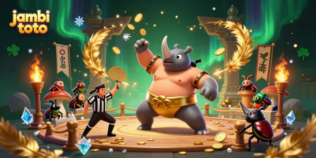 Engage in thrilling jambi toto action as a rhinoceros beetle sumo champion dominates the arena, coins fly!