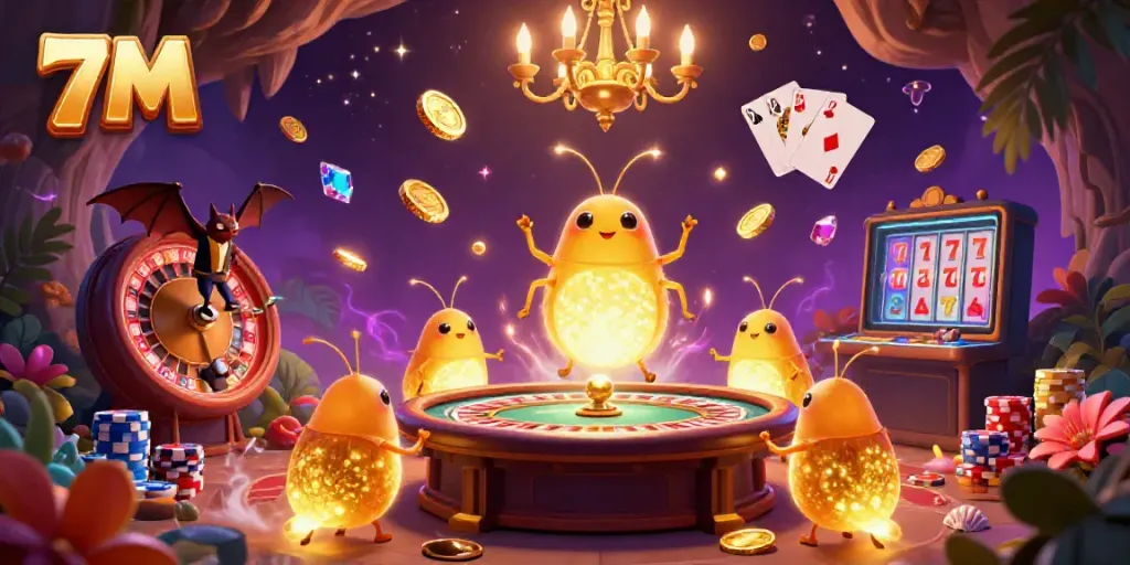 Experience the excitement of 7M casino with glowing glowworms lighting up games, coins, and action.