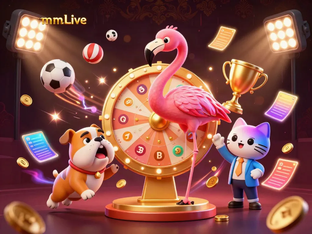 mmlive exciting game show scene with a flamingo host, bulldog contestant, and cat assistant.