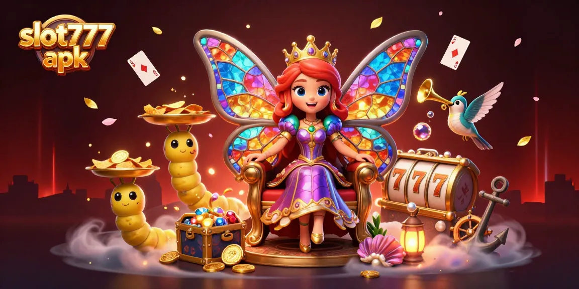Win big at slot777 apk with a vibrant casino scene featuring a majestic queen and treasure.