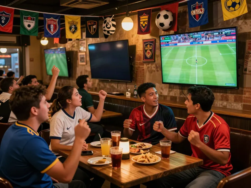 Xoilactv viewers enjoying a football match at a vibrant sports bar with enthusiastic fans.