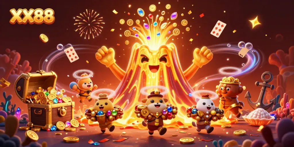 Engage with thrilling gameplay at XX88, featuring vibrant treasures from a golden volcano and dynamic casino elements.
