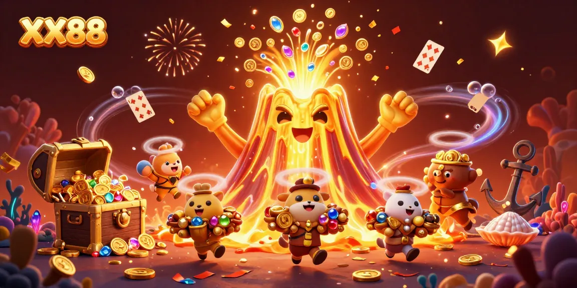 Engage with thrilling gameplay at XX88, featuring vibrant treasures from a golden volcano and dynamic casino elements.