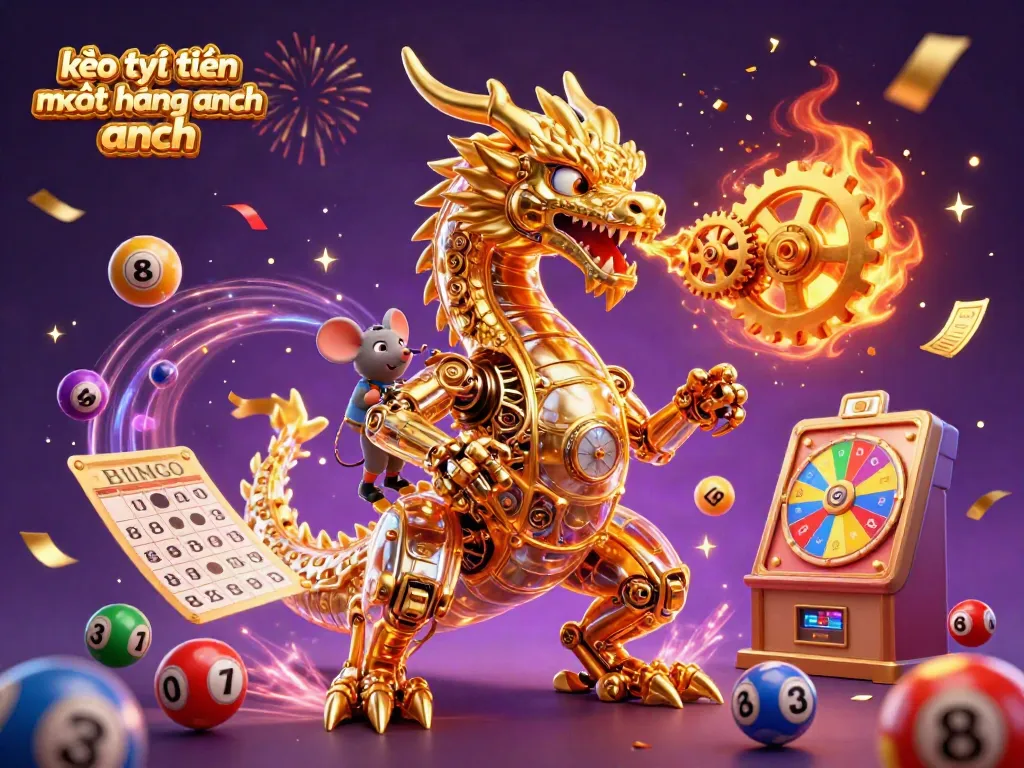 Engaging scene featuring kèo trực tuyến ngoại hạng anh with a golden dragon and mouse engineer amidst colorful lottery elements.