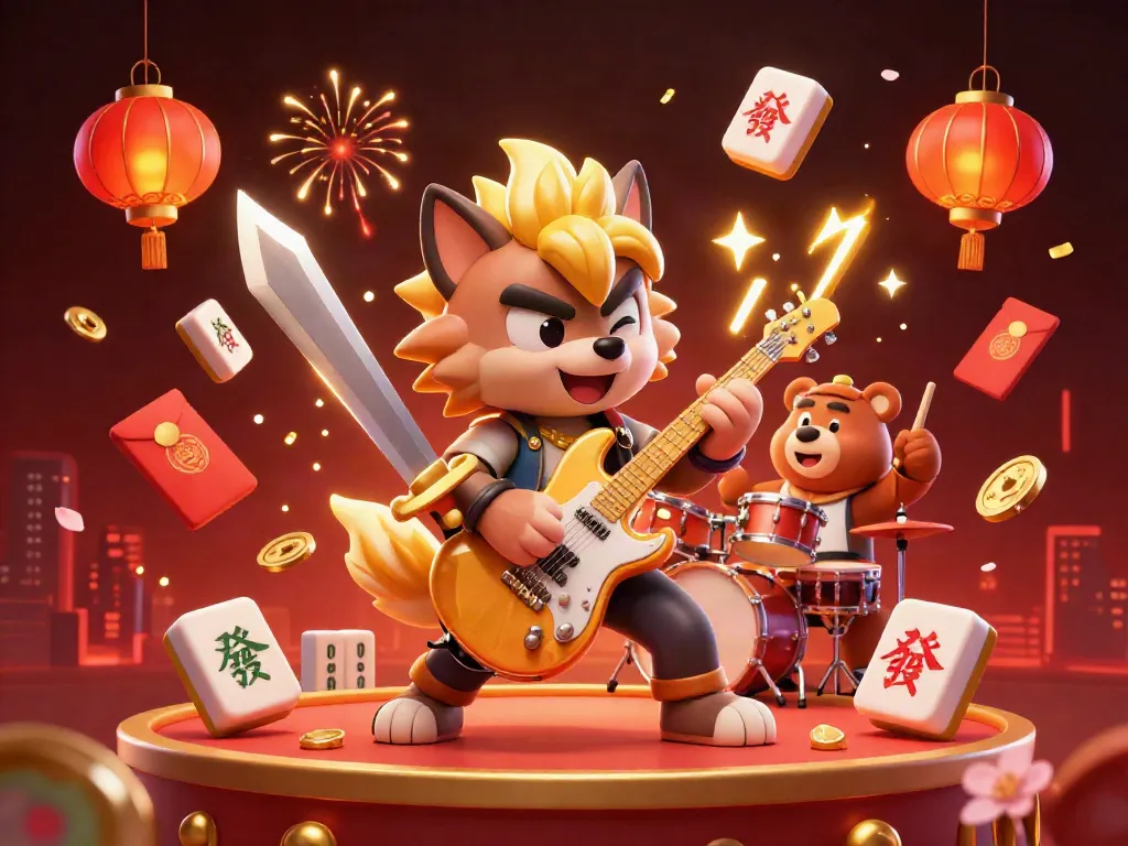 Watch the Go88 rock star wolf shredding an electric guitar amidst vibrant casino elements, captivating players.