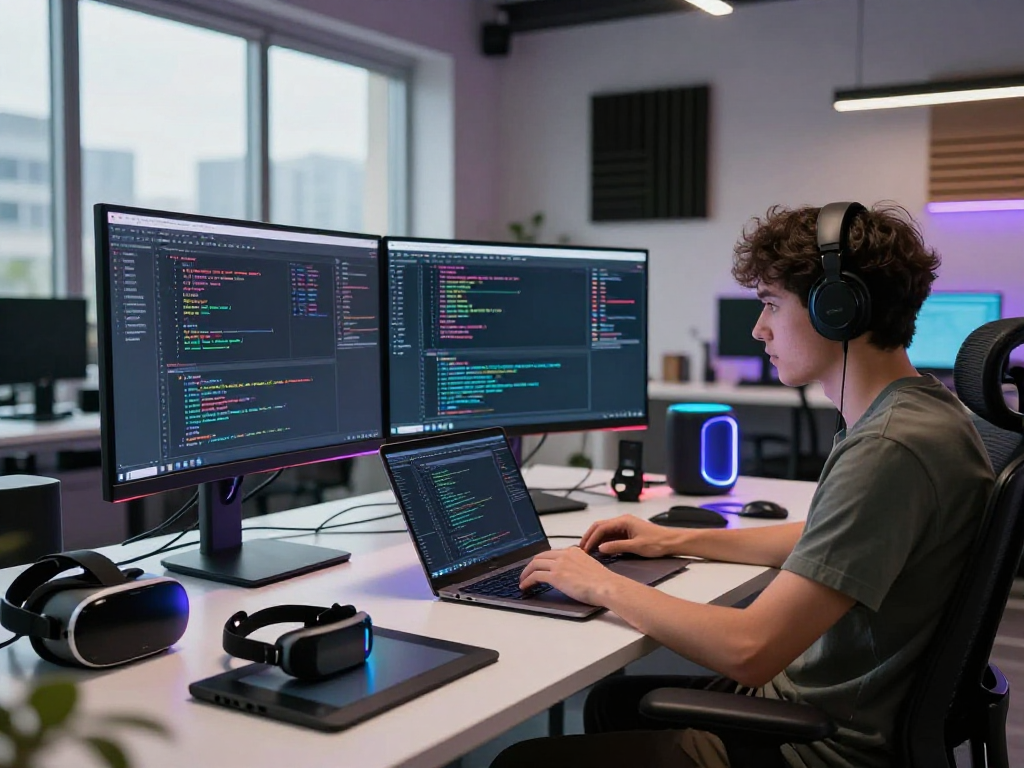 A programmer uses NSFW AI tools at a modern tech workspace, showcasing advanced coding techniques and high-tech gadgets.