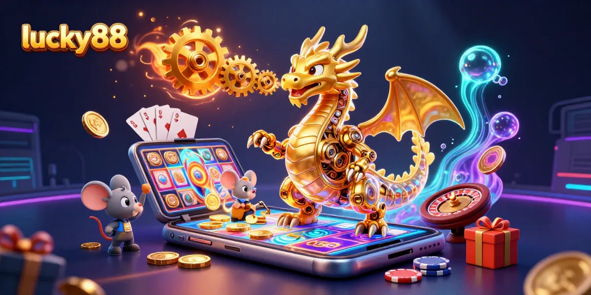 Engage with the thrilling world of lucky88 slots as golden coins, dynamic games, and a golden dragon come alive.