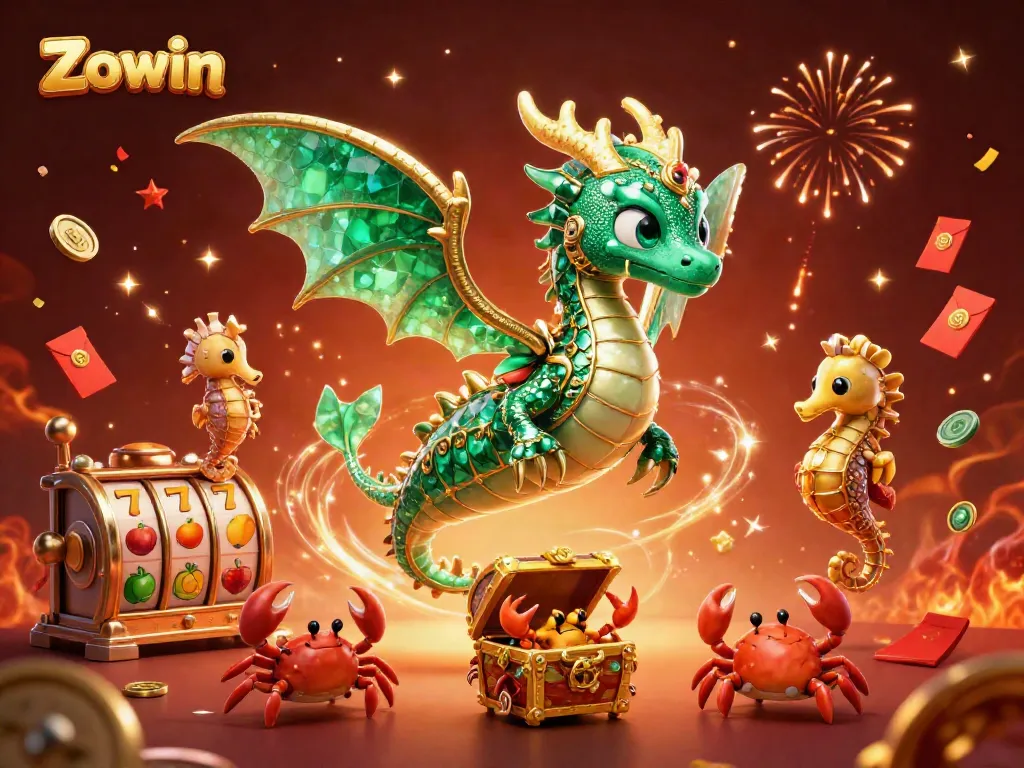 The Zowin-themed illustration showcases a vibrant sea dragon amidst slot reels and celebratory elements, perfect for casino promotions.
