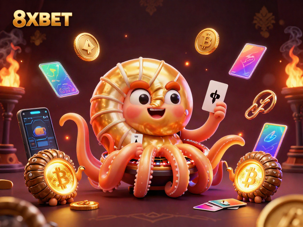 Engage with the excitement of 8XBET through this dynamic 3D illustration featuring casino elements and gaming action.