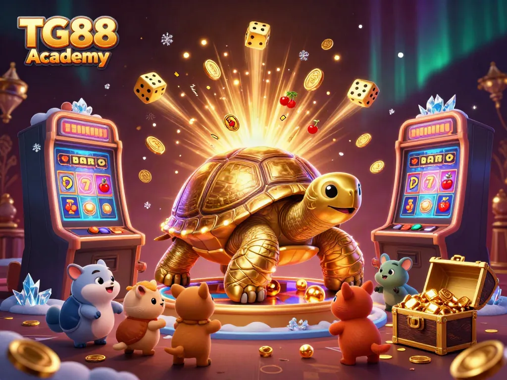Engaging gaming scene at TG88 Academy with a golden tortoise pinball machine and slot jackpots