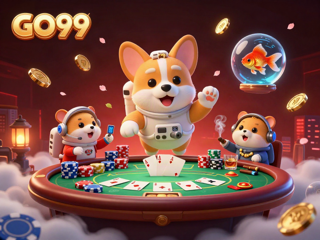 GO99 immerses players in a floating casino scene with vibrant characters engaging in high-stakes poker.