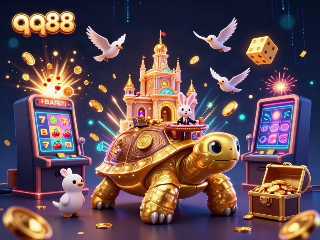 Experience the vibrant world of qq88 with an animated casino scene featuring a golden tortoise, dealer rabbits, and soaring coins.